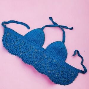 Handmade Crocheted Bright Blue  Bikini Boho Halter Crop Top